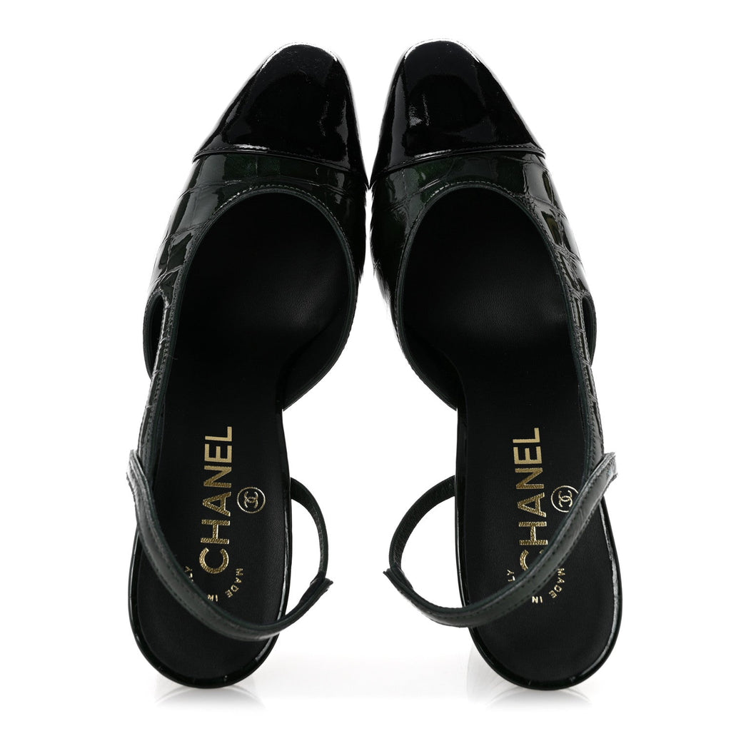 Patent Calfskin Crocodile Embossed Cap Toe CC Slingback Pumps 37 Dark Green Black