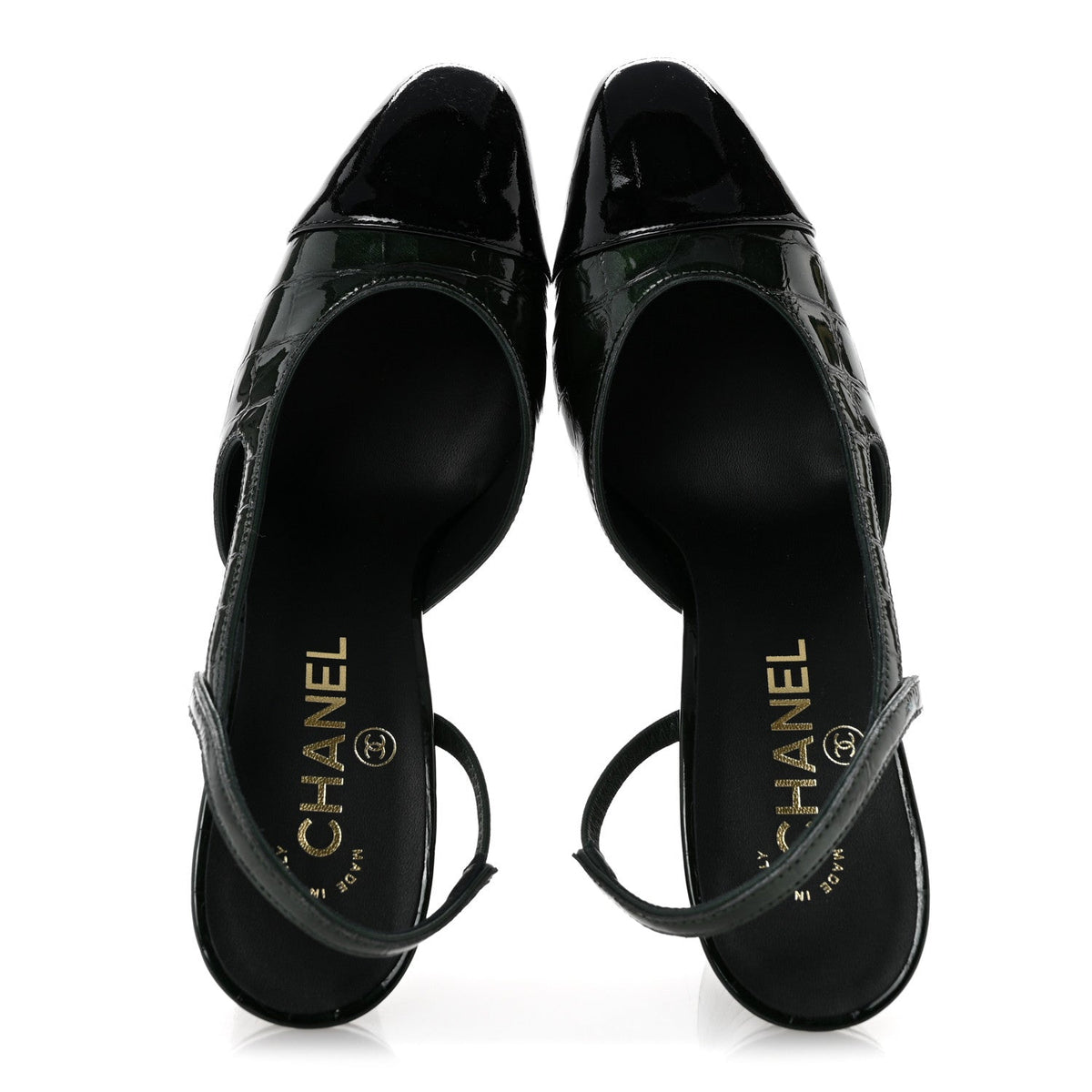 Patent Calfskin Crocodile Embossed Cap Toe CC Slingback Pumps 37 Dark Green Black