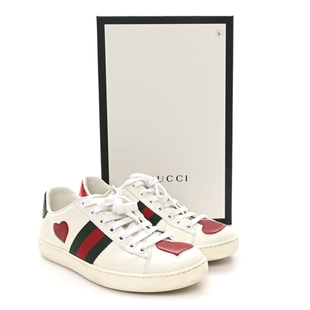 Calfskin Web Heart Embroidered Womens Ace Sneakers 36 White
