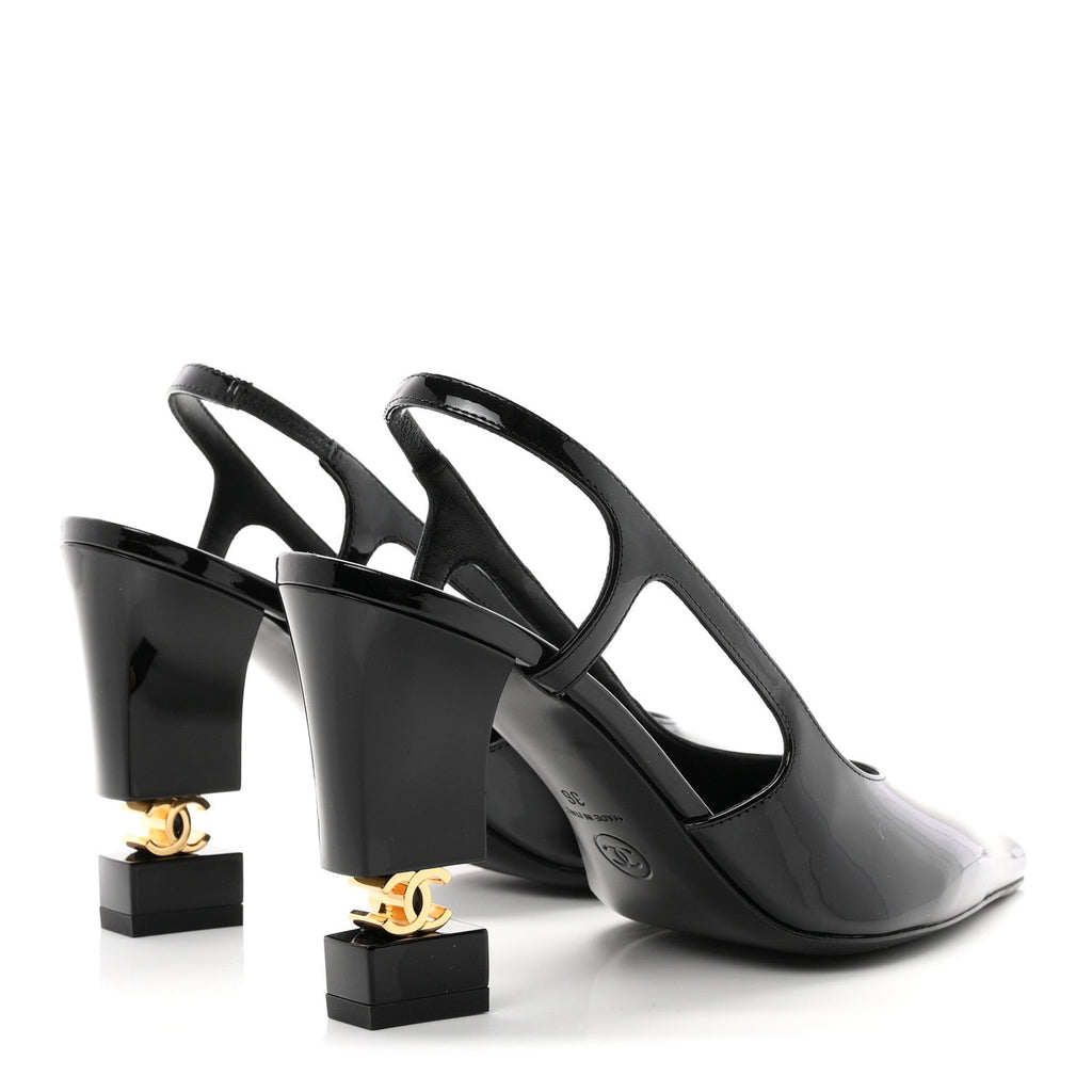 Patent Calfskin Slingback CC Cutout Pumps 36 Black