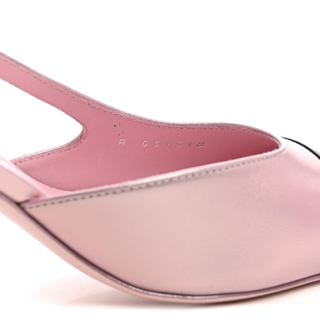 Laminated Lambskin Patent Cap Toe CC Slingback Pumps 39.5 Light Pink Black