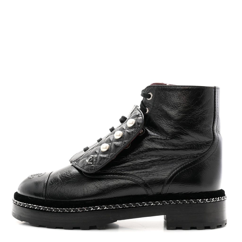 Crackled Calfskin Velvet Pearl Combat Short Boots 38 Black