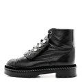 Crackled Calfskin Velvet Pearl Combat Short Boots 38 Black