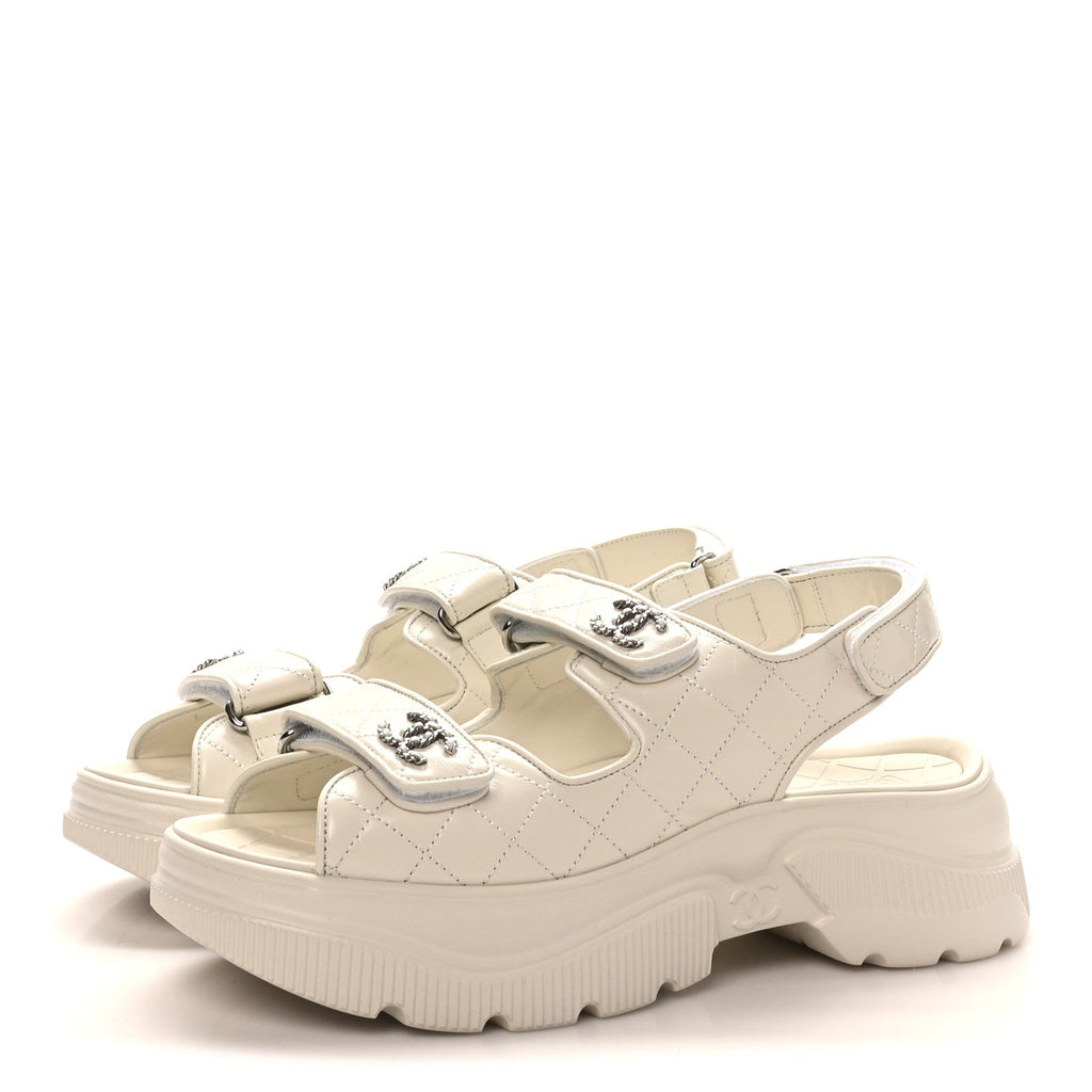 Shiny Calfskin Chain CC Velcro Dad Platform Sandals 39.5 White