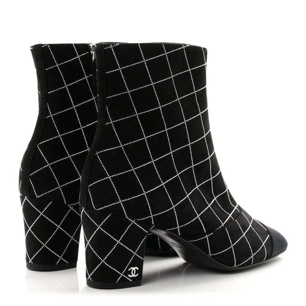 Suede Goatskin Grosgrain CC Short Boots 37.5 Black Silver