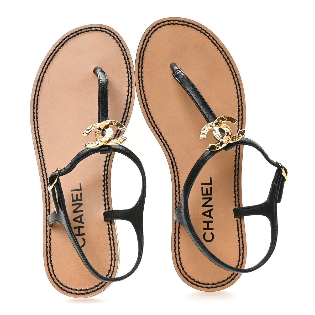 Lambskin CC Thong Sandals 36.5 Black Gold
