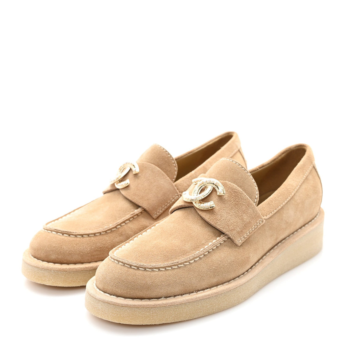 Suede Calfskin Pearl CC Moccasin Loafers 36.5 Dark Beige