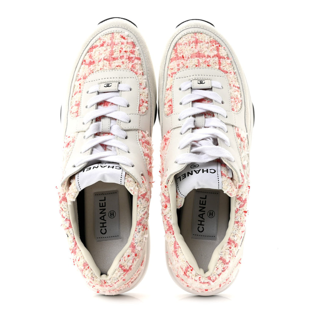 Tweed Suede Calfskin Womens CC Sneakers 40.5 Ecru Pink Red White