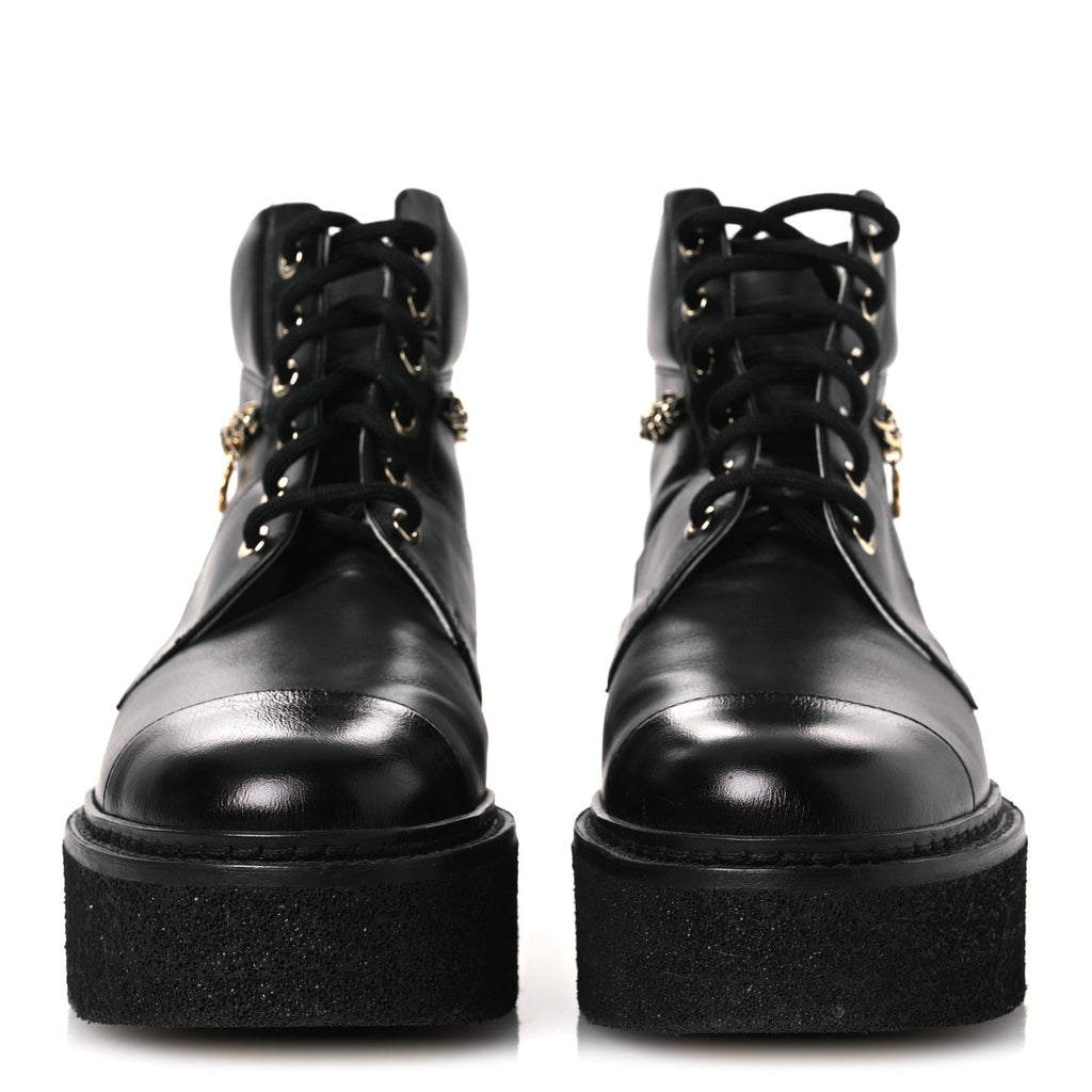 Calfskin Shiny Calfskin Chain Lace Up CC Short Boots 38.5 Black