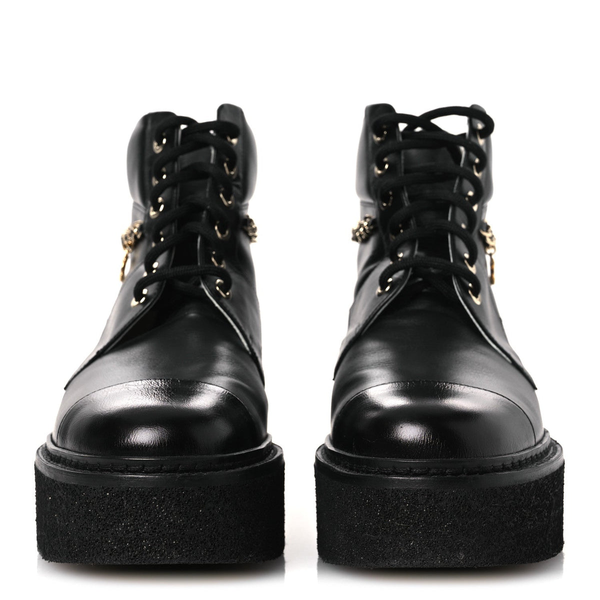Calfskin Shiny Calfskin Chain Lace Up CC Short Boots 38.5 Black