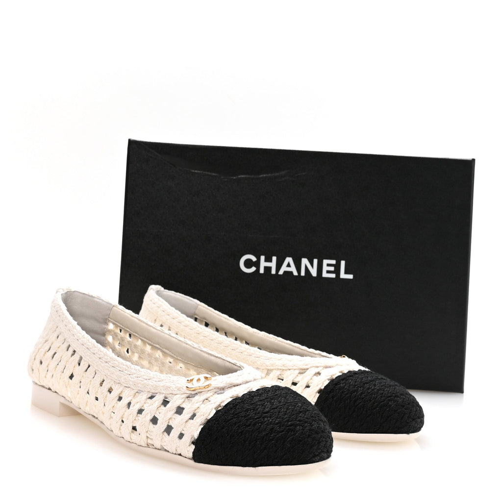 Mesh Crochet Cap Toe Ballerina Flats 39.5 White Black