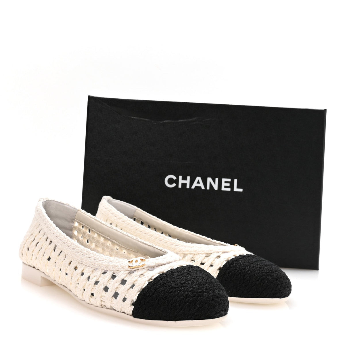 Mesh Crochet Cap Toe Ballerina Flats 39.5 White Black