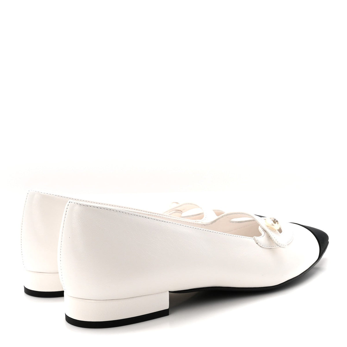 Shiny Lambskin Grosgrain Pearl Mary Janes Flats 37.5 White Black