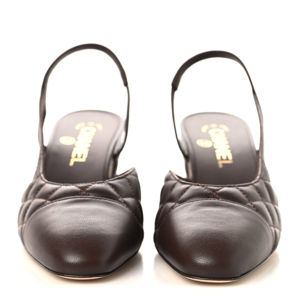 Lambskin Quilted Cap Toe CC Slingback Pumps  37.5 Brown