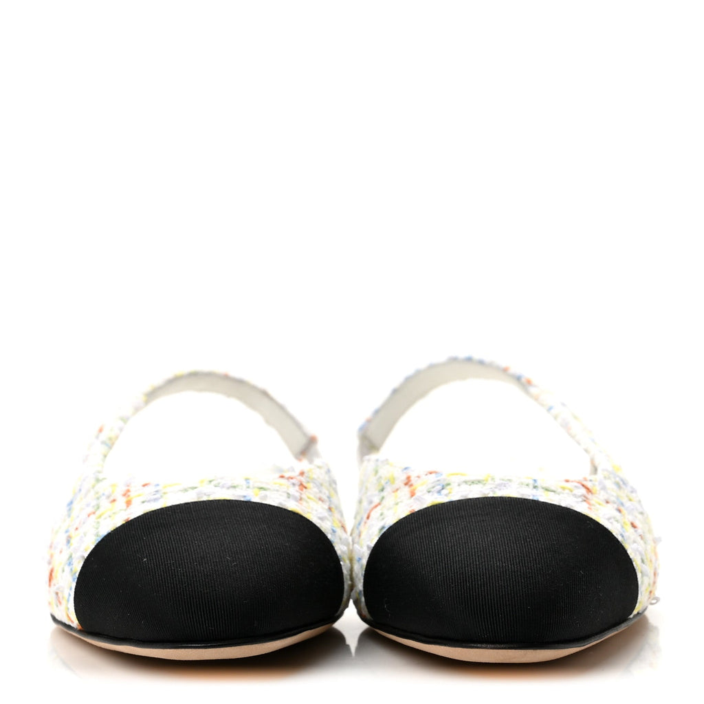 Tweed Grosgrain Cap Toe CC Slingback Flat 38 White Multicolor