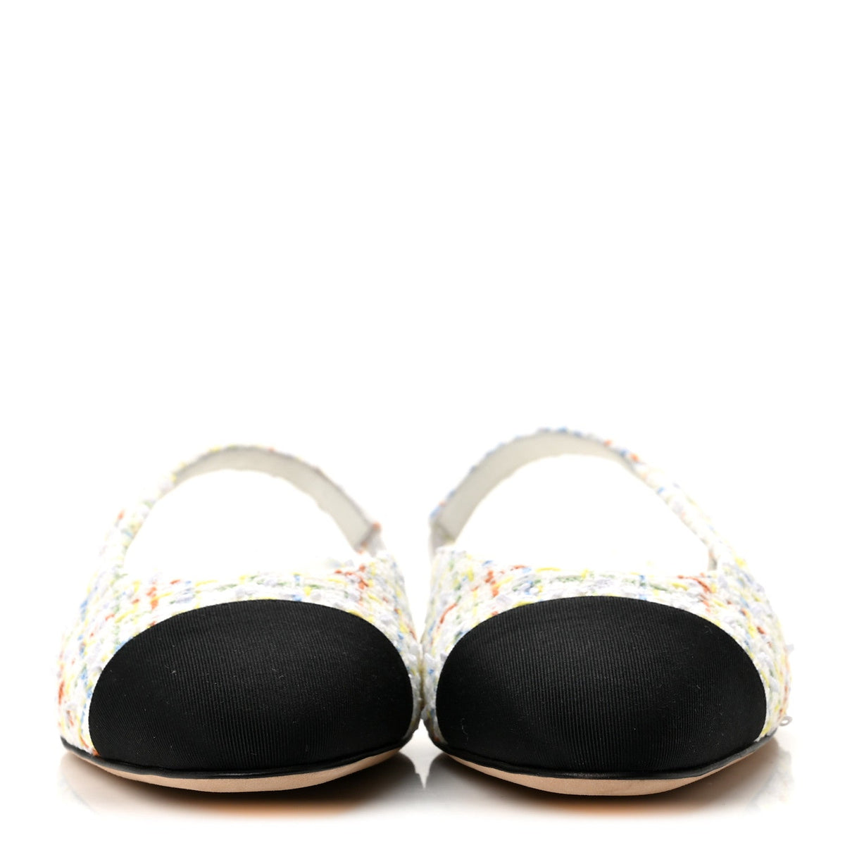 Tweed Grosgrain Cap Toe CC Slingback Flat 38 White Multicolor