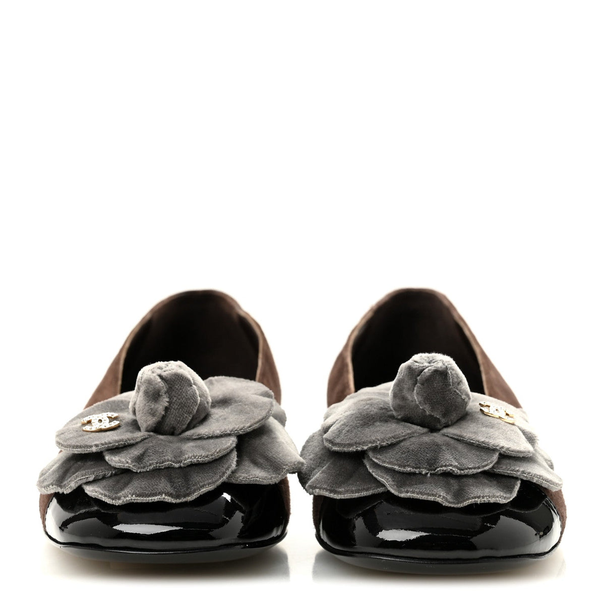 Suede Patent Cap Toe Camellia Ballerina Flats 37 Marron Gris