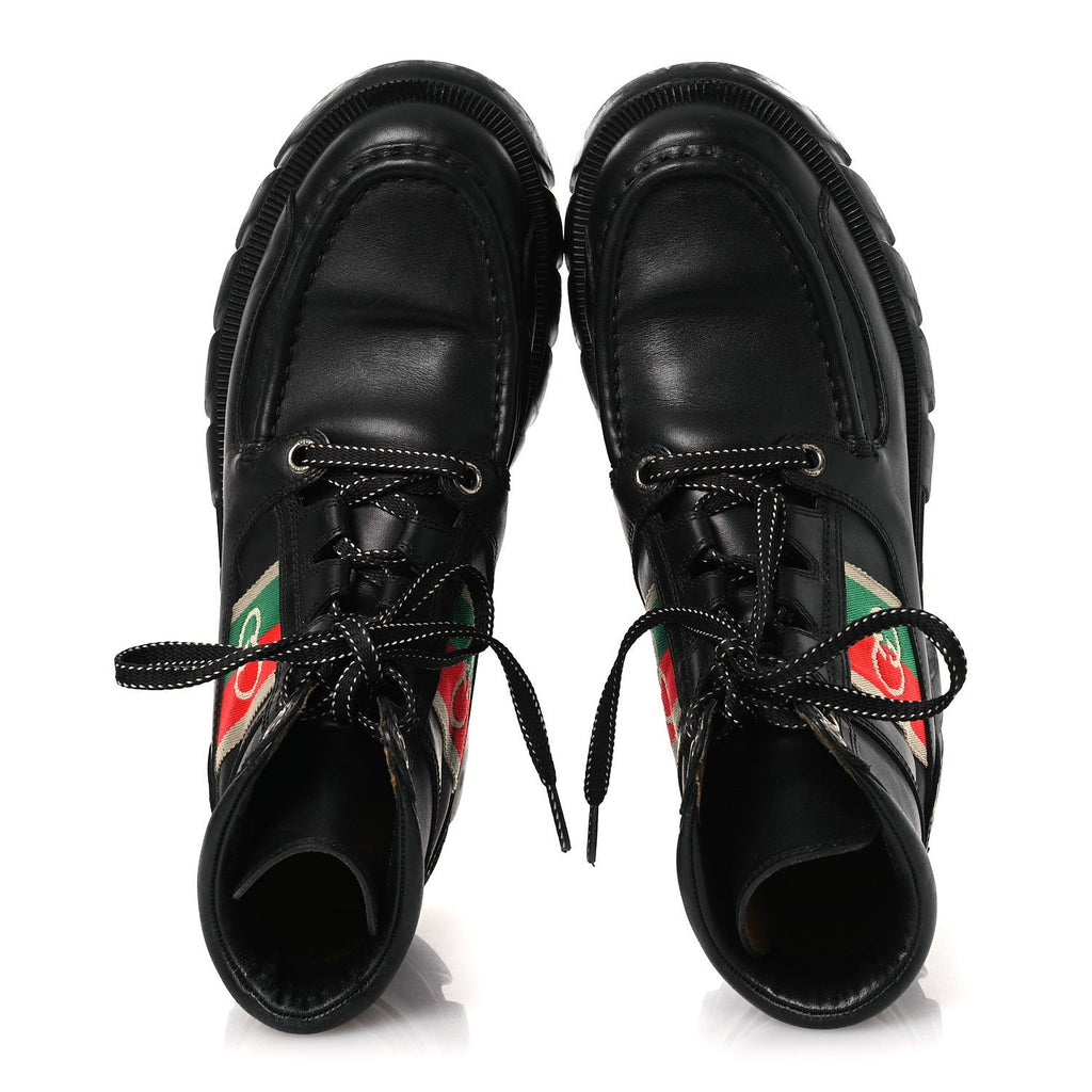 Quebec Calfskin Web Womens Interlocking G Lace Up Combat Boots 38 Black Mystic White Green Red