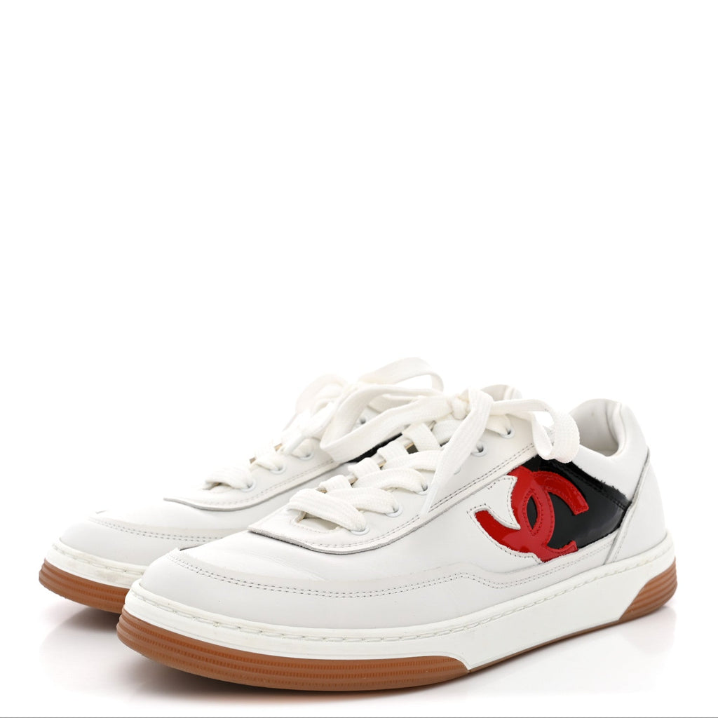 Calfskin Patent Womens CC Sneakers 38 White Black Red