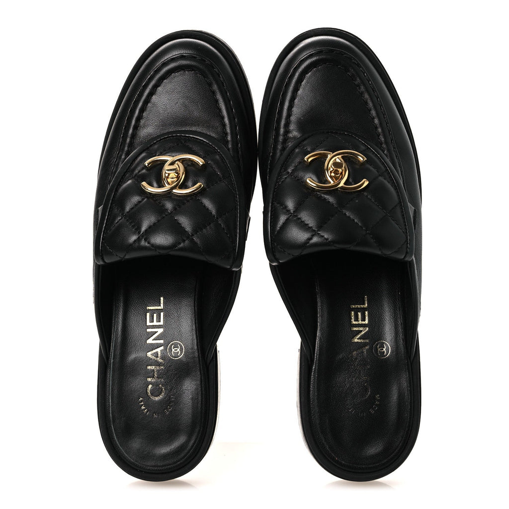 Lambskin Quilted CC Turnlock Mules 36.5 Black