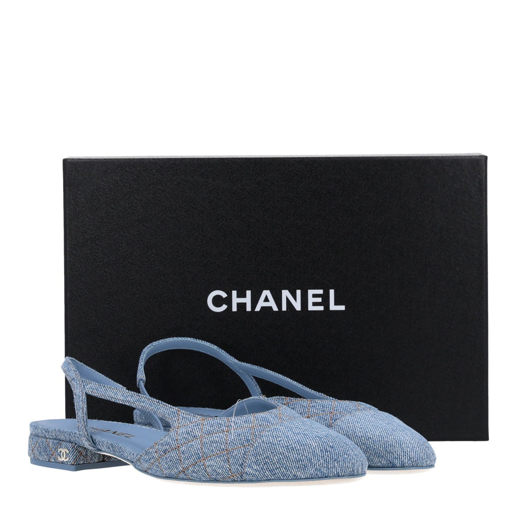 Denim Quilted Cap Toe CC Slingback Flats 40 Light Blue