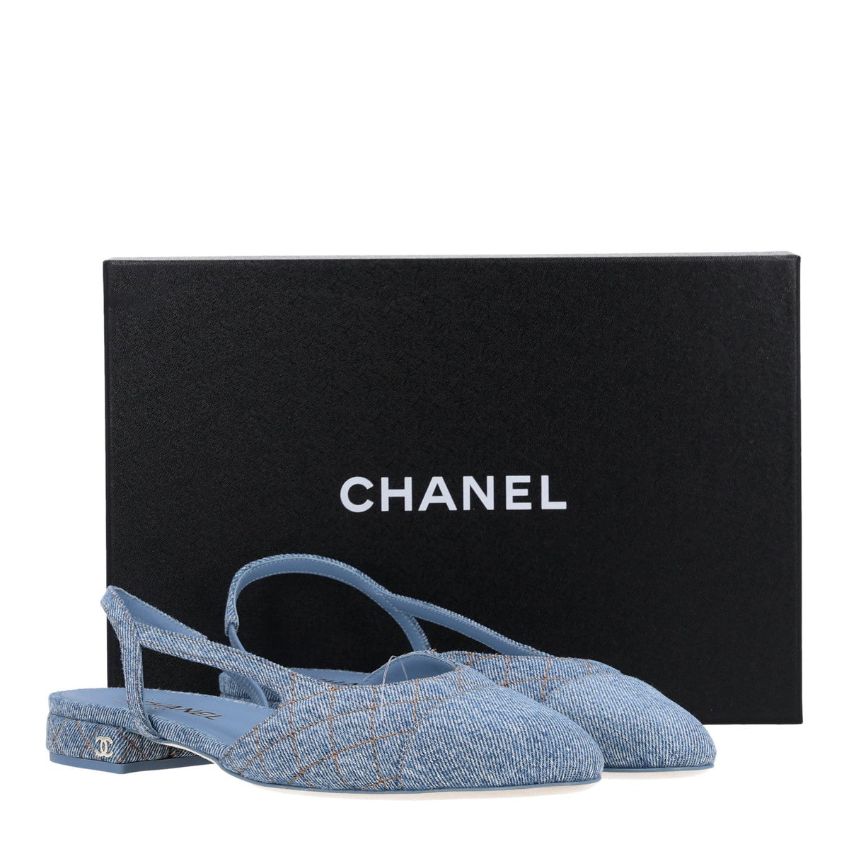 Denim Quilted Cap Toe CC Slingback Flats 40 Light Blue