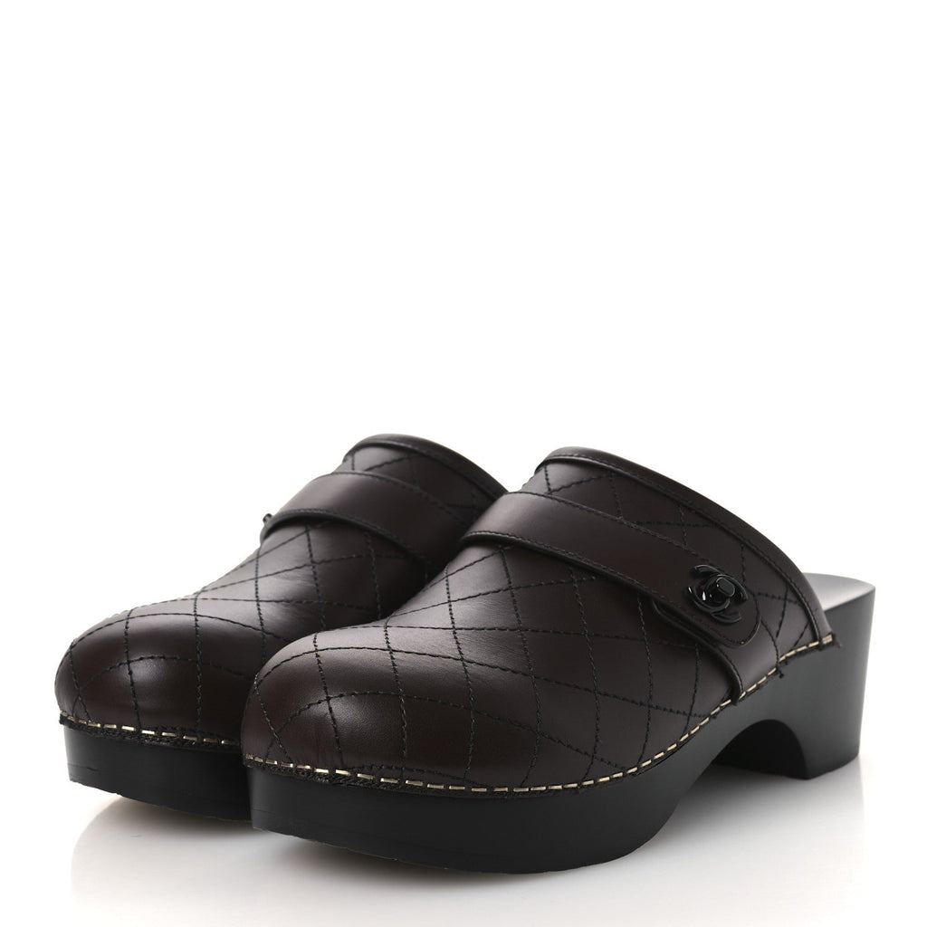 Calfskin CC Turn Lock Clogs 36 Dark Brown