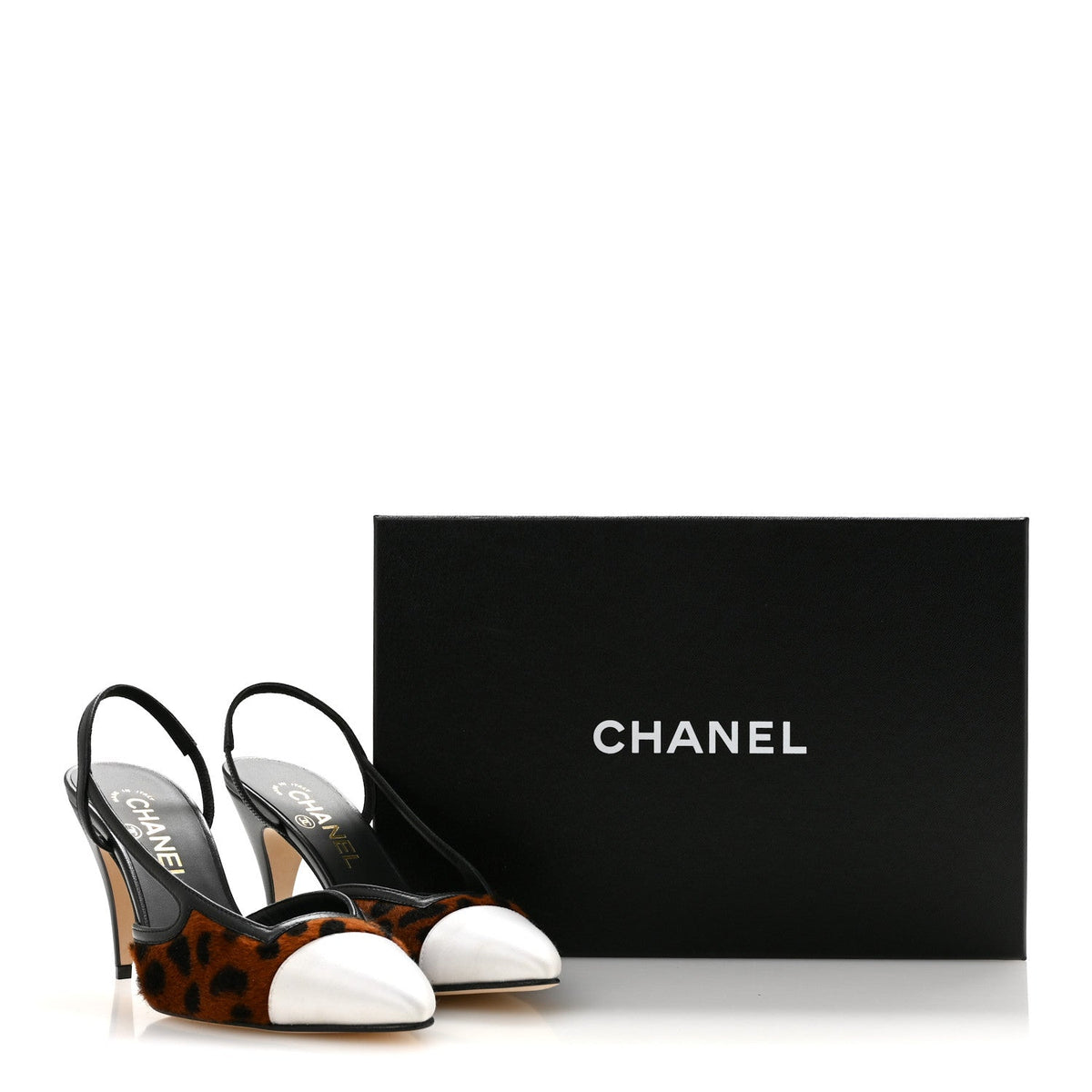 Lambskin Mixed Fibers Cap Toe CC Slingback Flats 36.5 Brown Black White