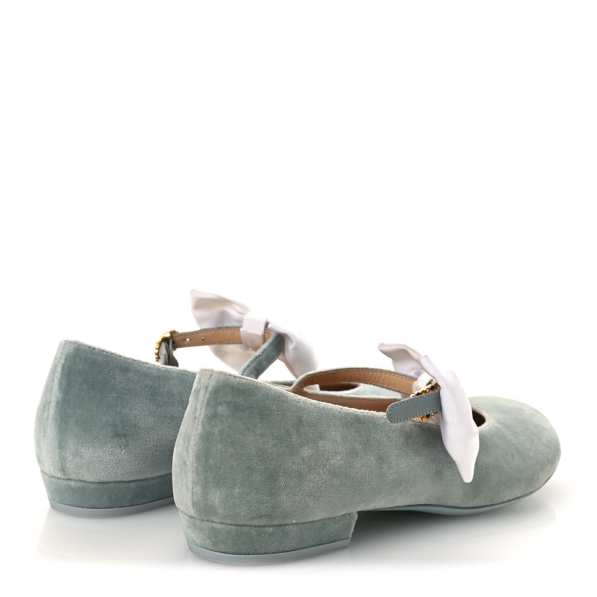 Velvet Grosgrain Bow Mary Jane Flats 37.5 Light Green White