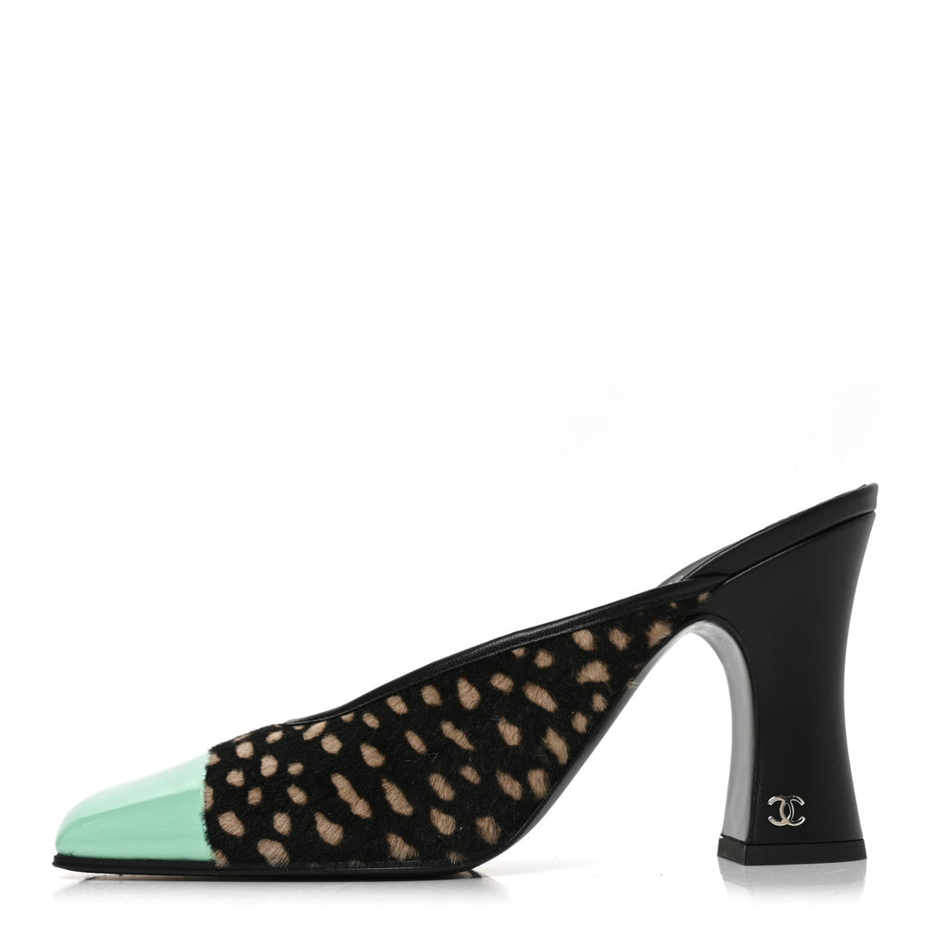 Pony Hair Lambskin Patent Calfskin Cap Toe Mules 39 Black White Green