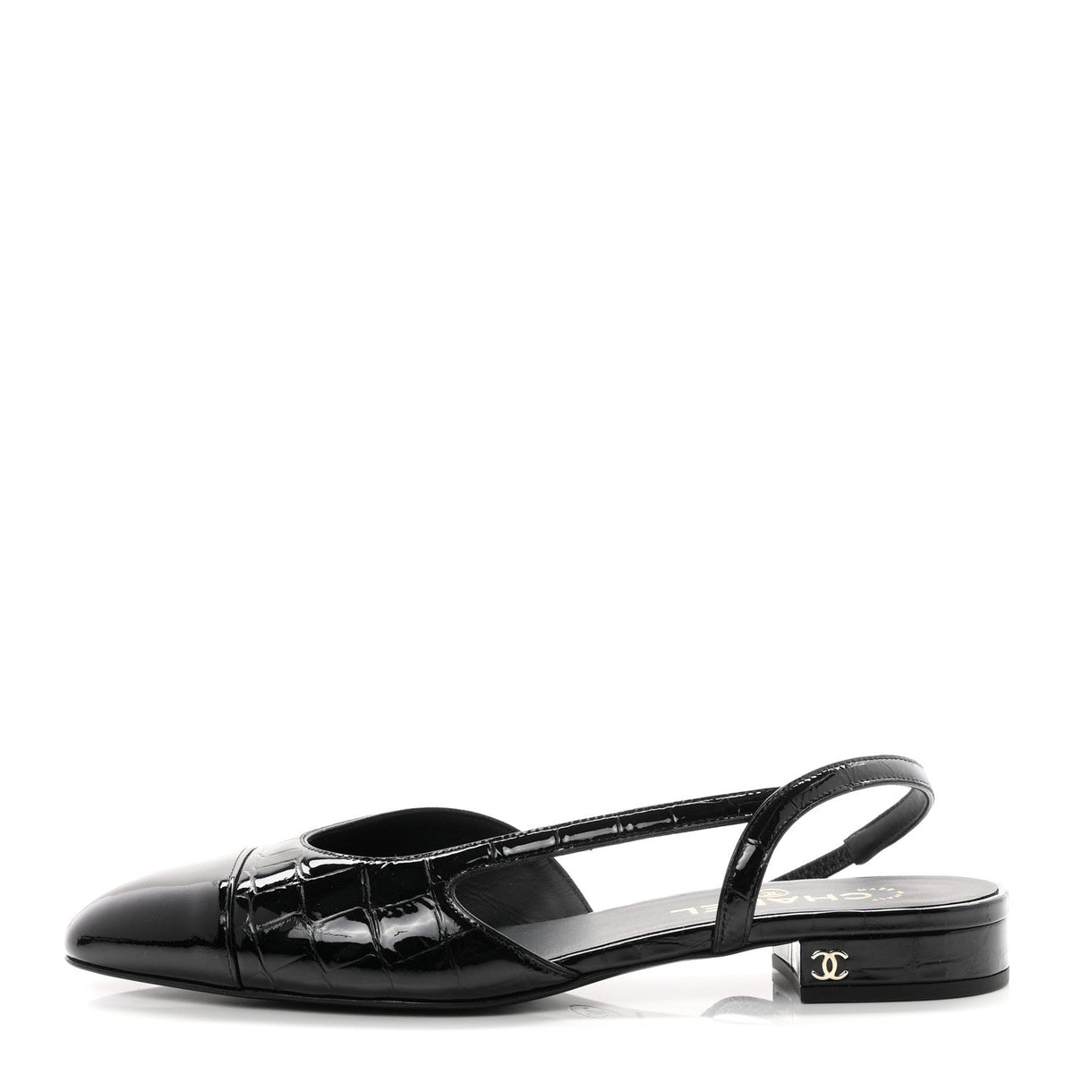 Crocodile Embossed Patent Calfskin Cap Toe CC Slingbacks 39 Black