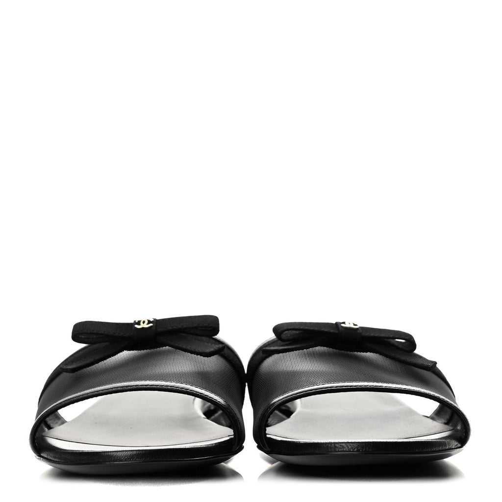 Mesh Lambskin CC Bow Mules 40 Black