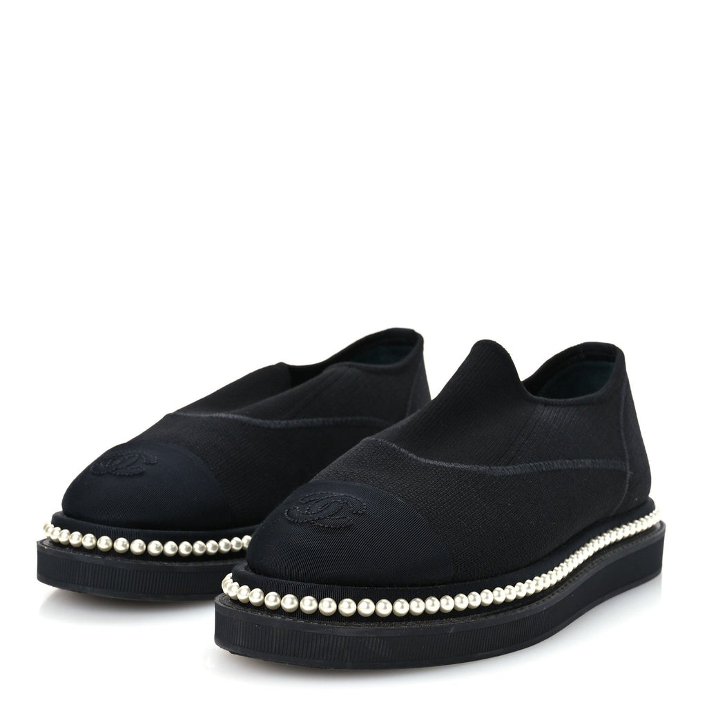 Stretch Fabric Grosgrain Pearl Cap Toe CC Moccasin Loafers 35.5 Black
