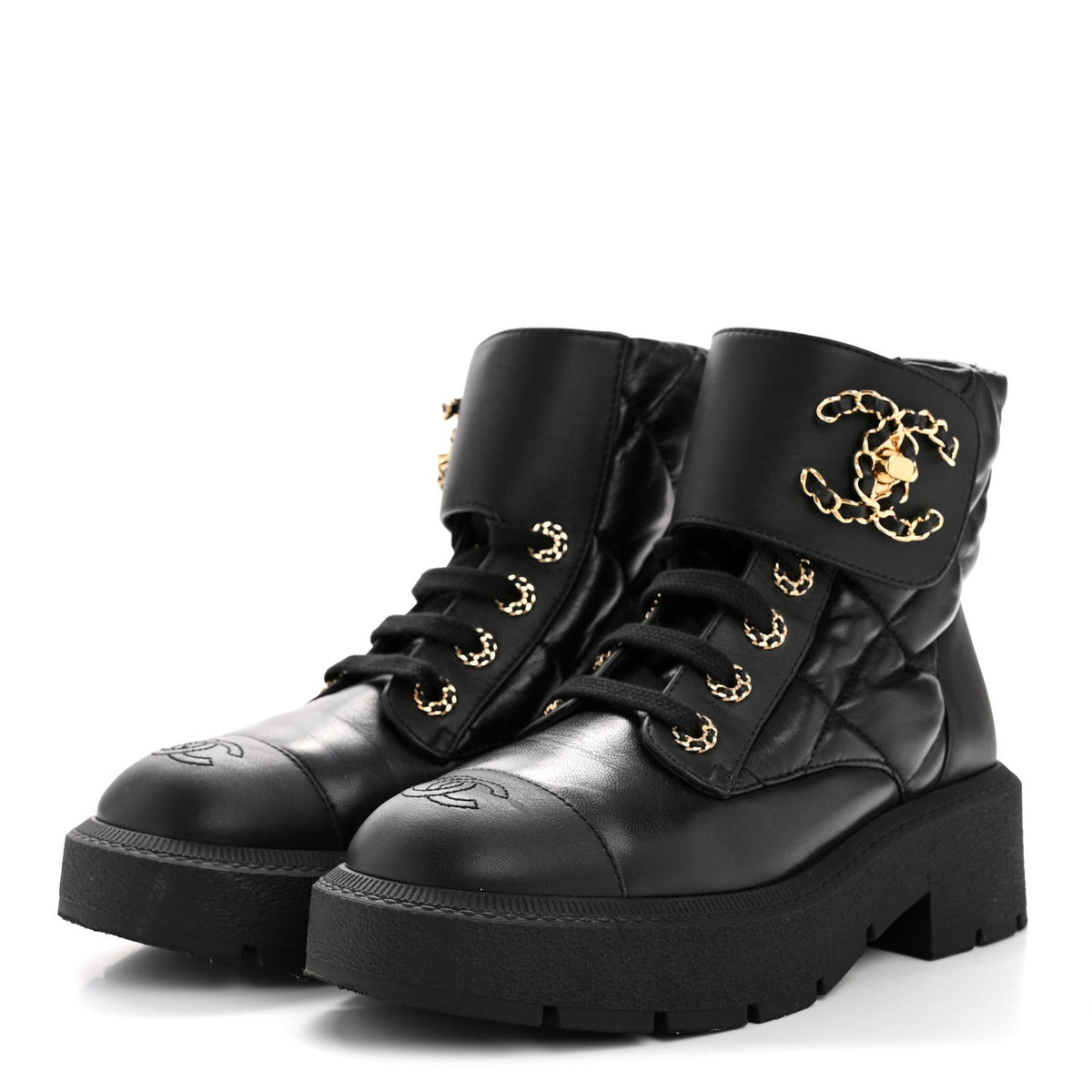 Lambskin Calfskin Quilted Lace Up Combat Boots 38 Black