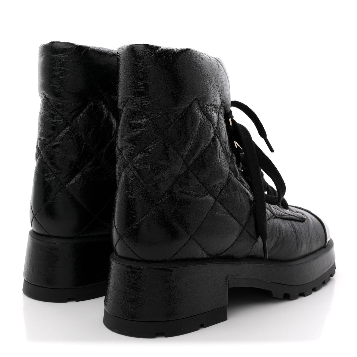 Crumpled Patent Lambskin Calfskin Quilted Lace Up Combat Boots 41.5 Black