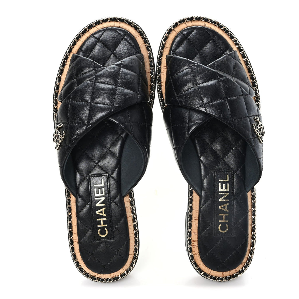Shiny Lambskin Quilted Chain CC Sandals 38 Black