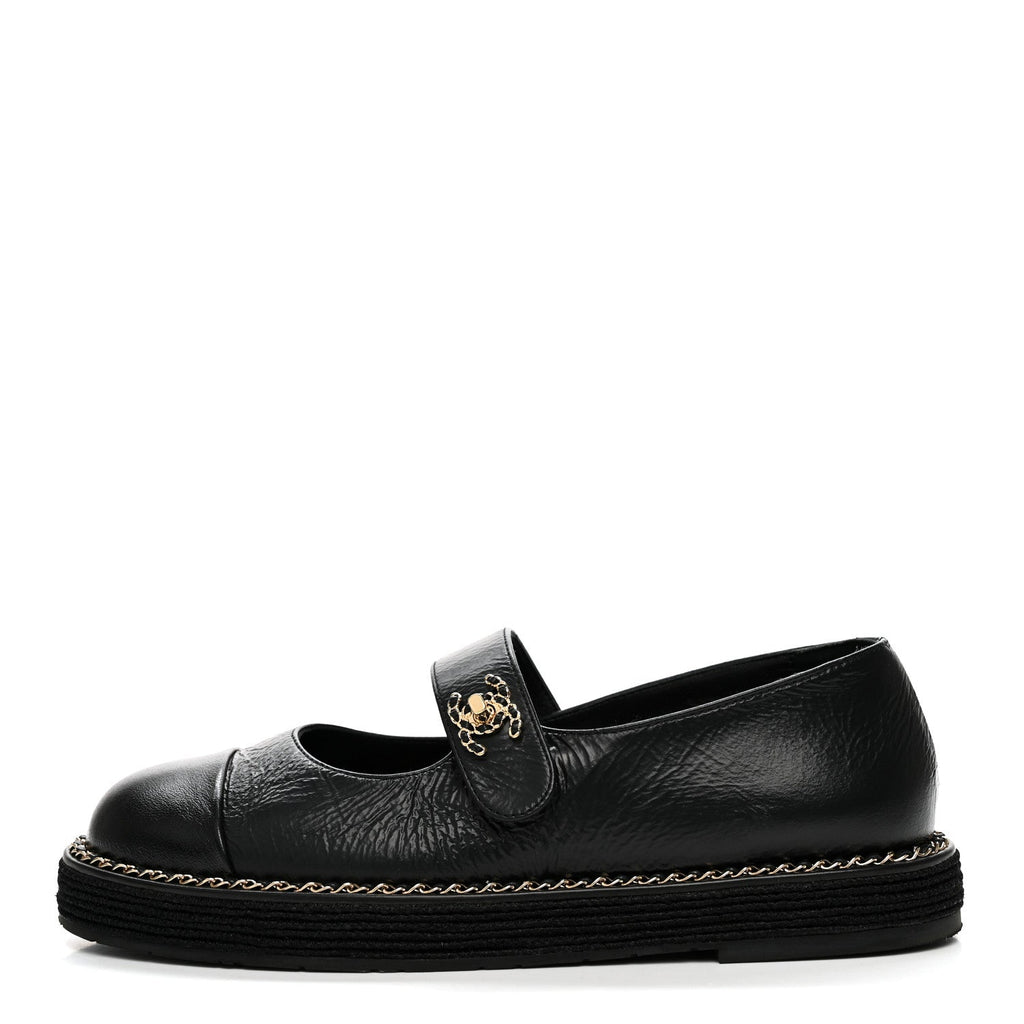Crumpled Lambskin Cap Toe Chain CC Turnlock Mary Jane Flats 35 Black