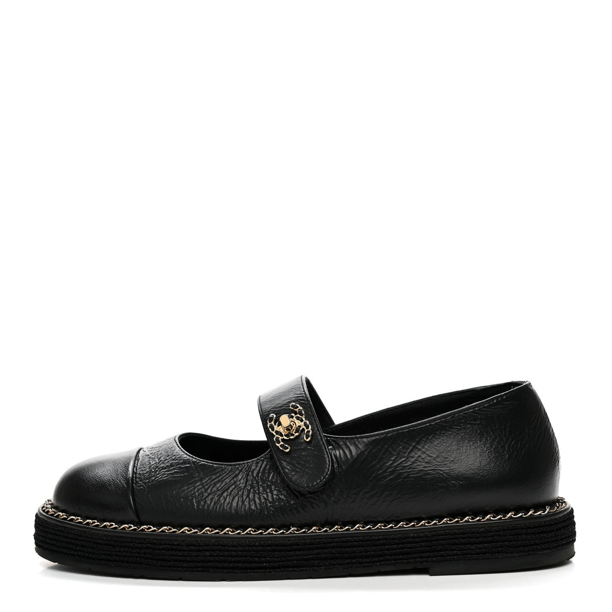 Crumpled Lambskin Cap Toe Chain CC Turnlock Mary Jane Flats 35 Black
