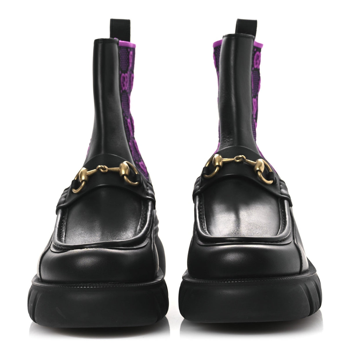 Quebec Calfskin Technical Jersey Knit GG Monogram Horsebit Ankle Boots 42 Black Fucsia