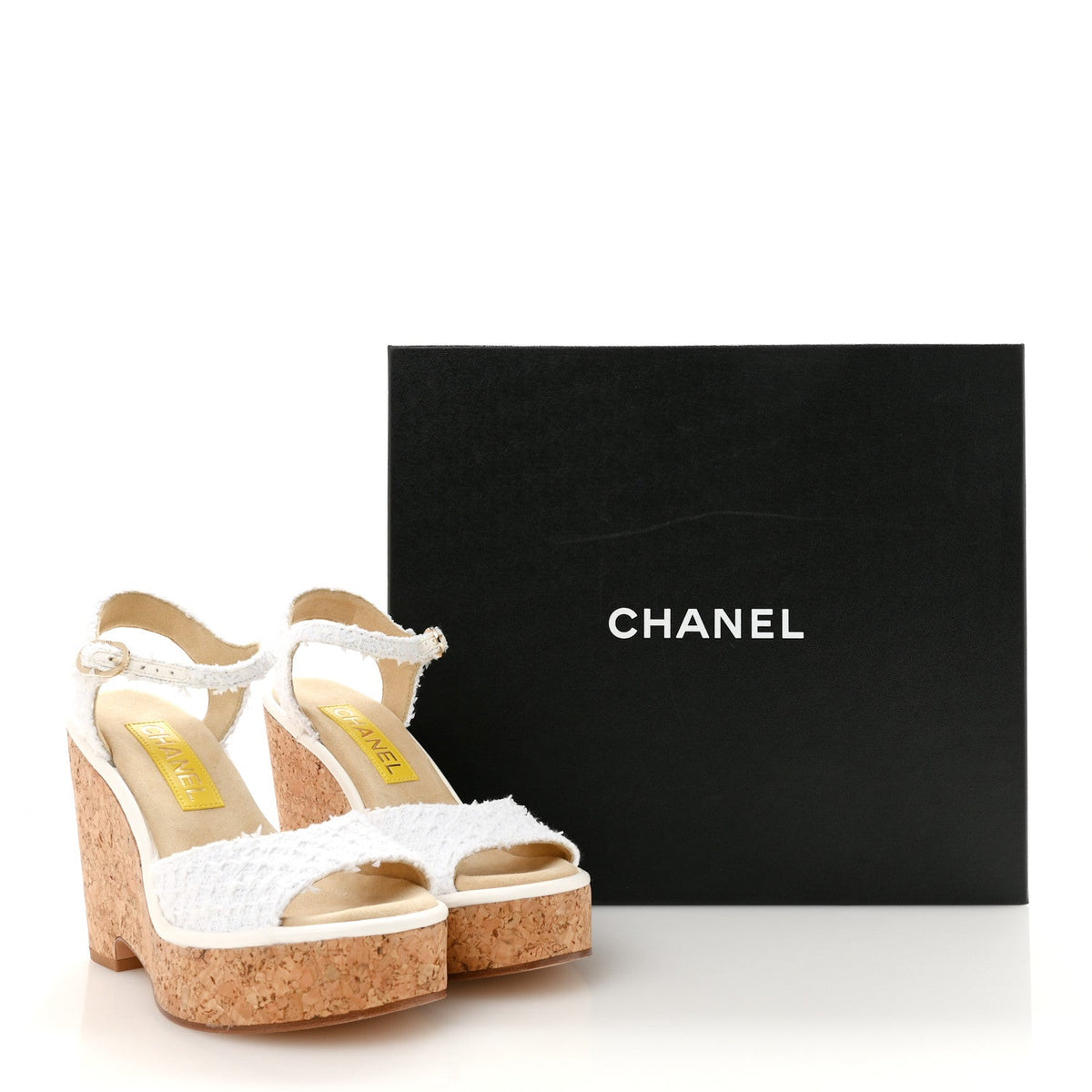 Tweed Cork CC Wedge Sandals 36.5 White