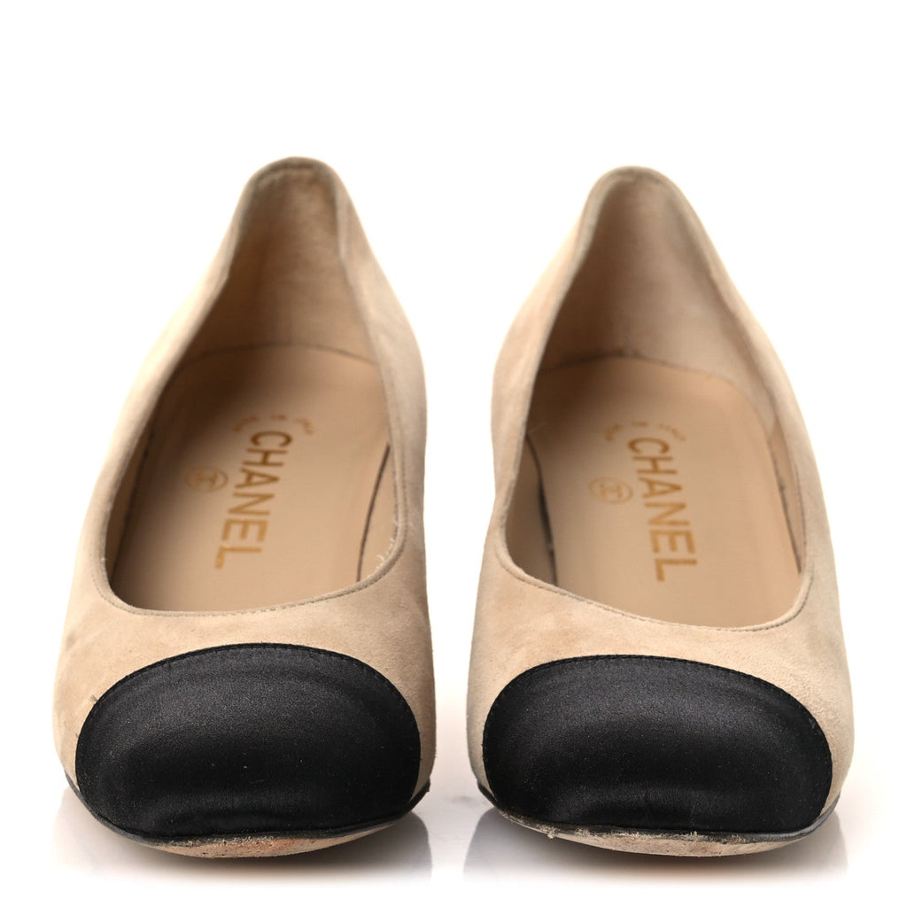 Suede Satin Cap Toe Low Heel Pumps 36 Beige Black
