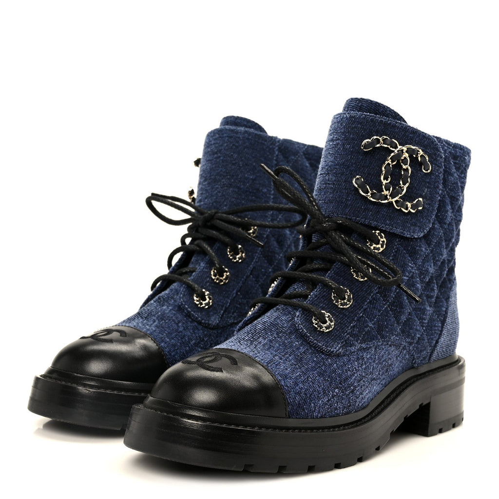 Shiny Calfskin Velvet Quilted Lace Up Combat Boots 37 Blue