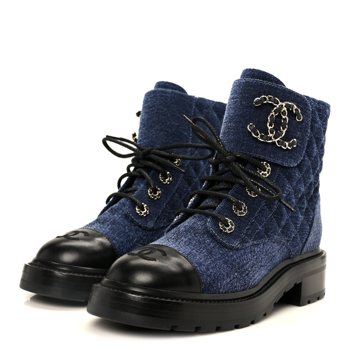 Shiny Calfskin Velvet Quilted Lace Up Combat Boots 37 Blue