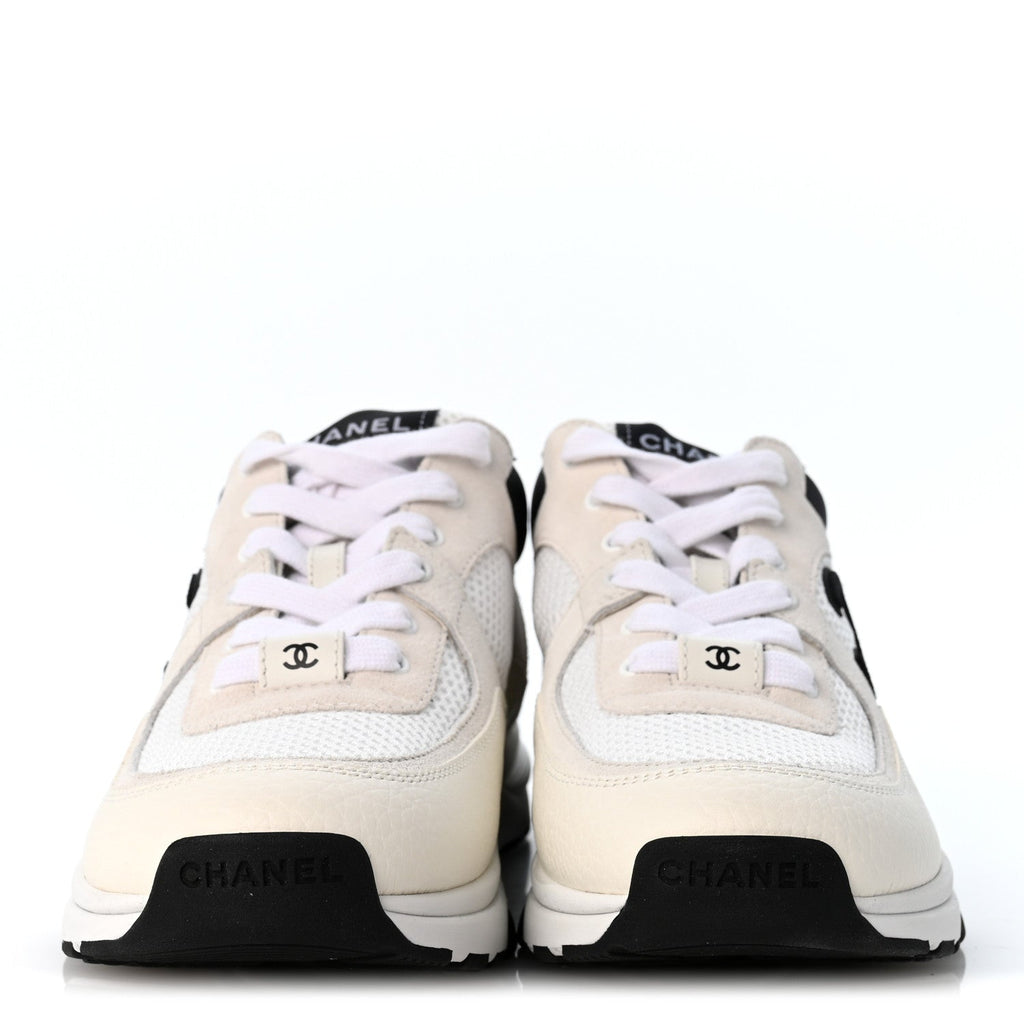 Mesh Suede Calfskin Grained Calfskin Womens CC Sneakers 37.5 White Black