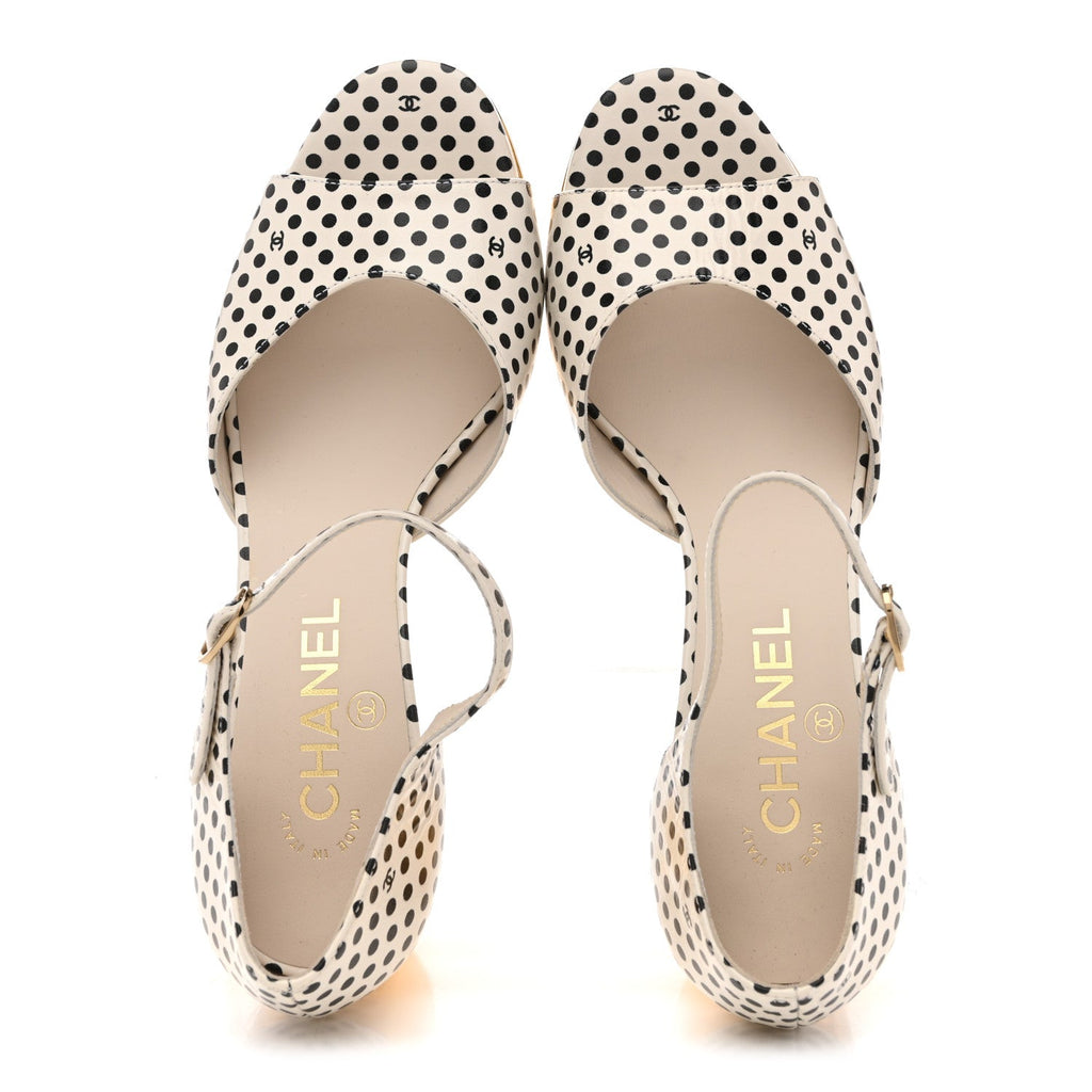 Printed Calfskin Polka Dot CC Platform Sandals 36.5 Ivory Black 37 Ivory Black