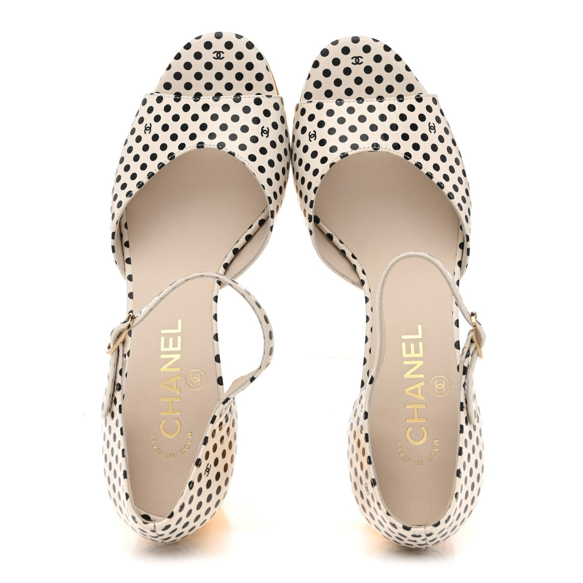 Printed Calfskin Polka Dot CC Platform Sandals 36.5 Ivory Black 37 Ivory Black