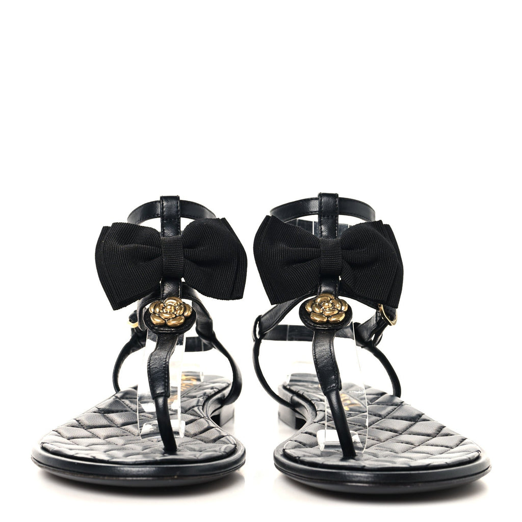 Lambskin Grosgrain Camellia Thong Sandals 37 Black