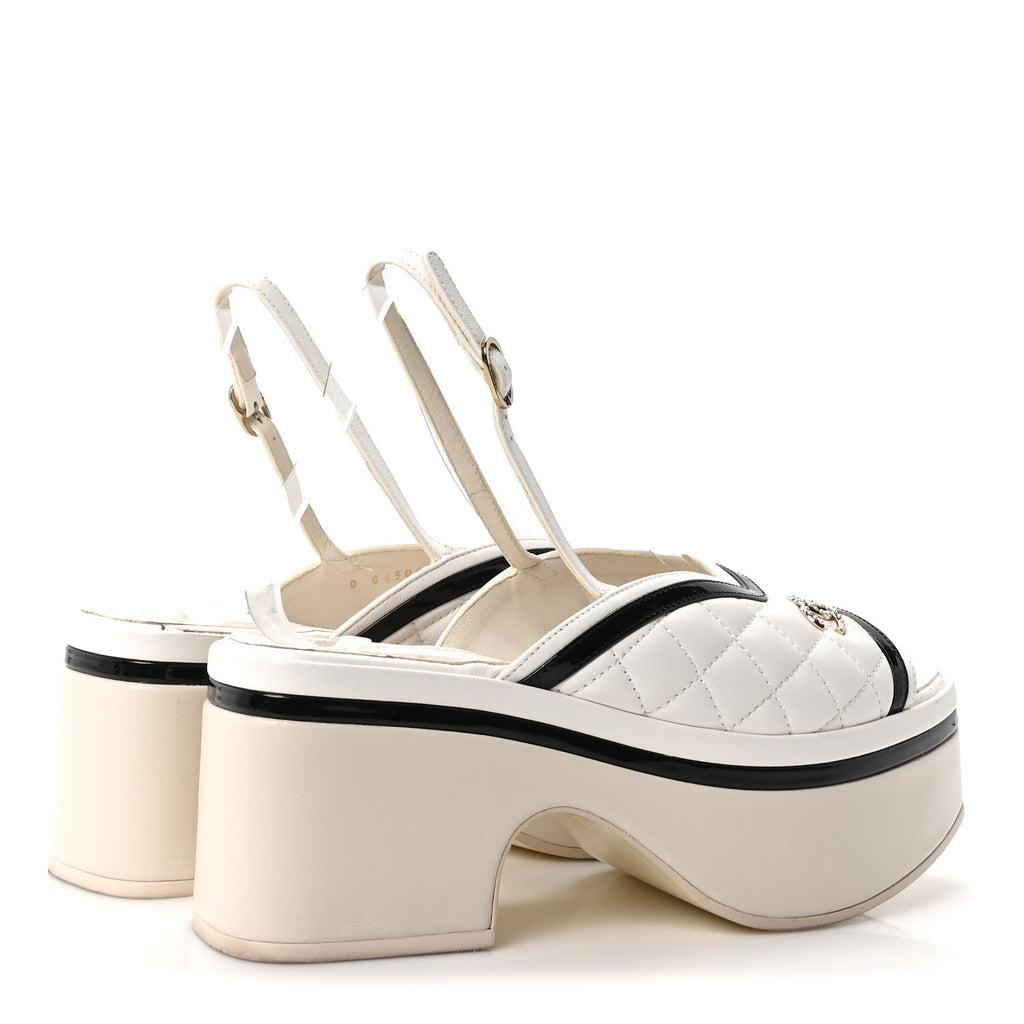 Lambskin Patent Quilted CC Platform Sandals 37.5 White Black