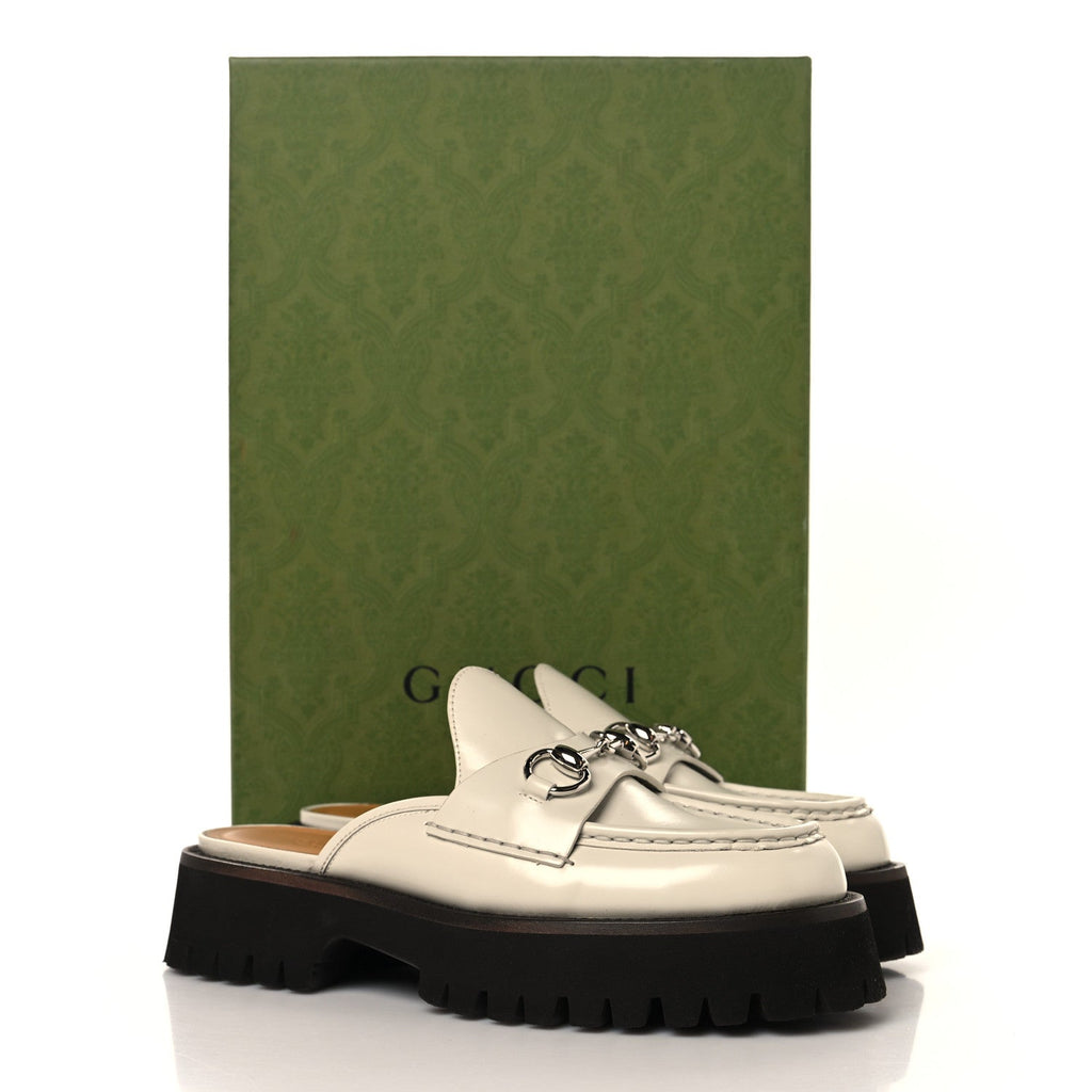 Cordovan Lux Horsebit Platform Mules 37 Mystic White