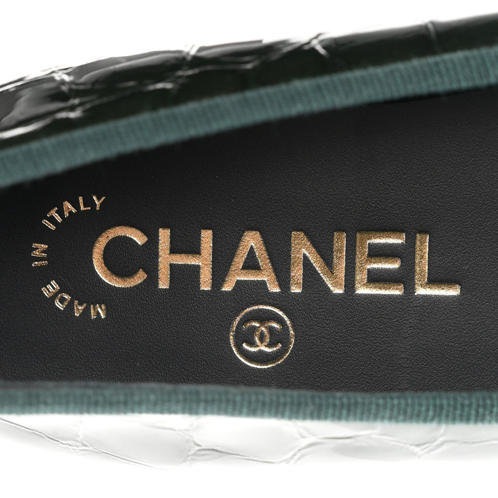 Crocodile Embossed Patent Calfskin Ballet Flats 35.5 Dark Green Black